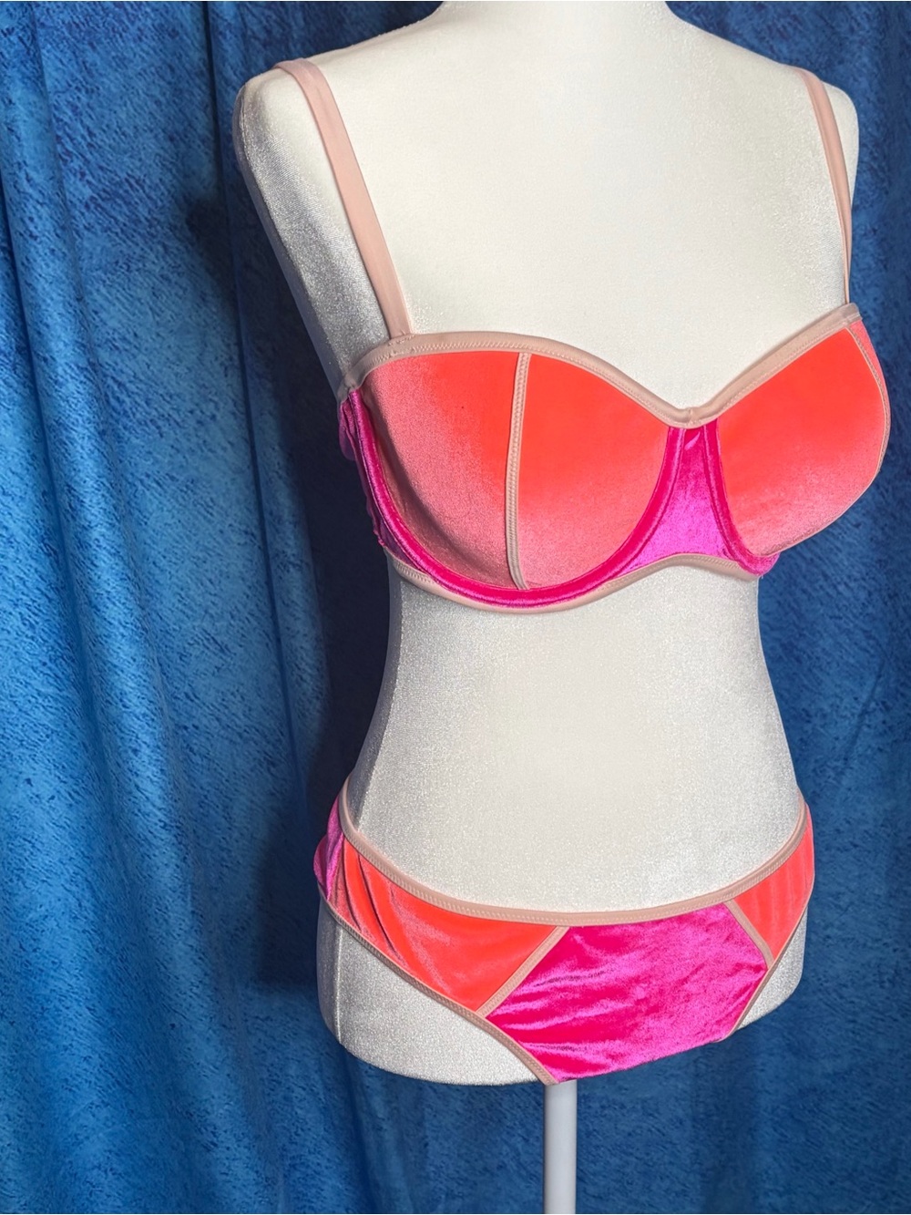 Shade & Shore Two-Tone Velvet Bikini Set in Hot Pink & Coral